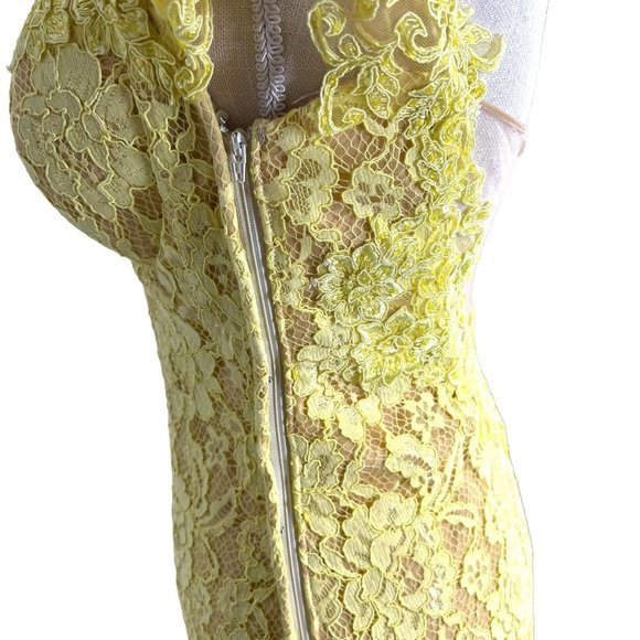 Tarik Ediz Yellow Floral Lace Plunge Neckline Cap Sleeve Mermaid Dress Size 8 - Picture 11 of 16